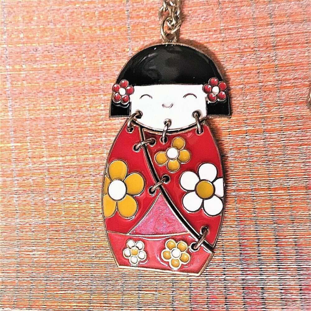 Japanese Enamel Geisha Girl Floral Kimono Necklace